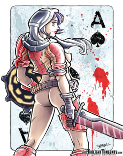 Athena got a sword (based on the original concept art for the character) to go with her shield instead of a gun. I also tried to muck up my usually clean style to get more of that Borderlands feel on all four of these.