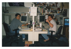 Ivan and Robb working in "The Pit." While most everyone either had their own office or shared an office with one other dev, the Terrabuiders, part timers, and those who sometimes worked at home shared the cubicle area, affectionately dubbed, "The Pit."